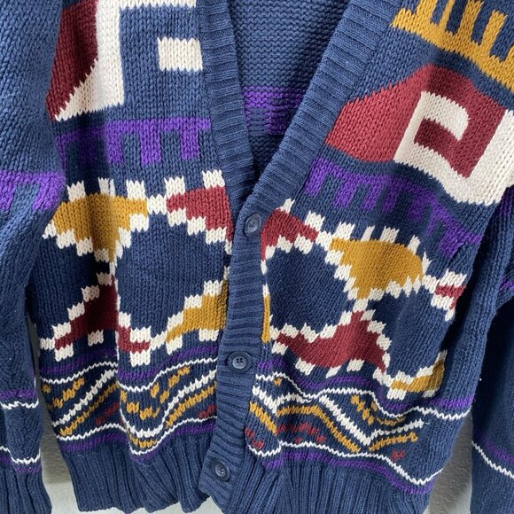 Michael Gerald Sweater Cardigan Men Blue Sz L Aztec Oversized Grunge Grandpa VTG - Picture 4 of 10